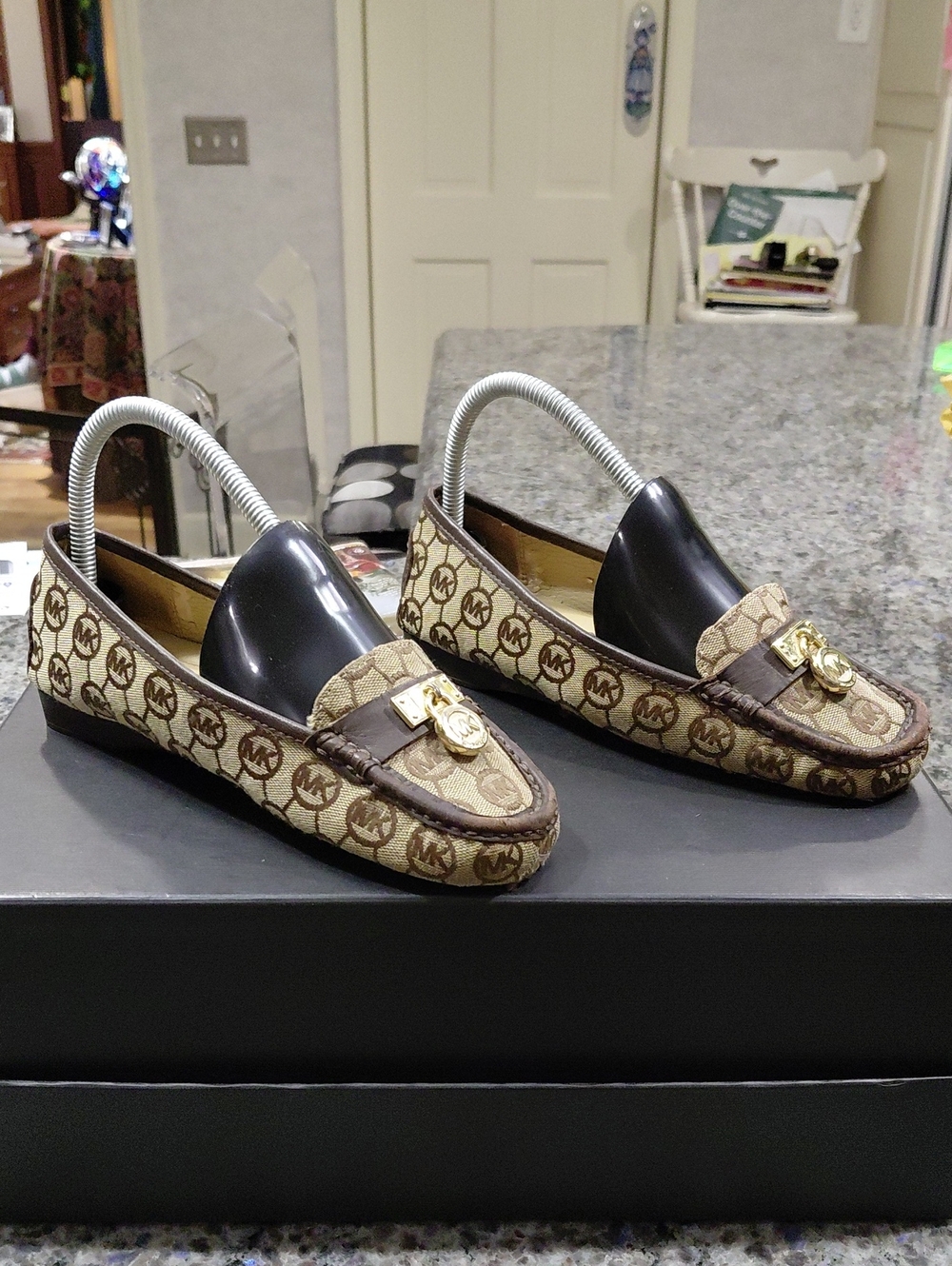Michael Kors, Sz.6, Brown Logo Canvas Loafers with Gold Medallion